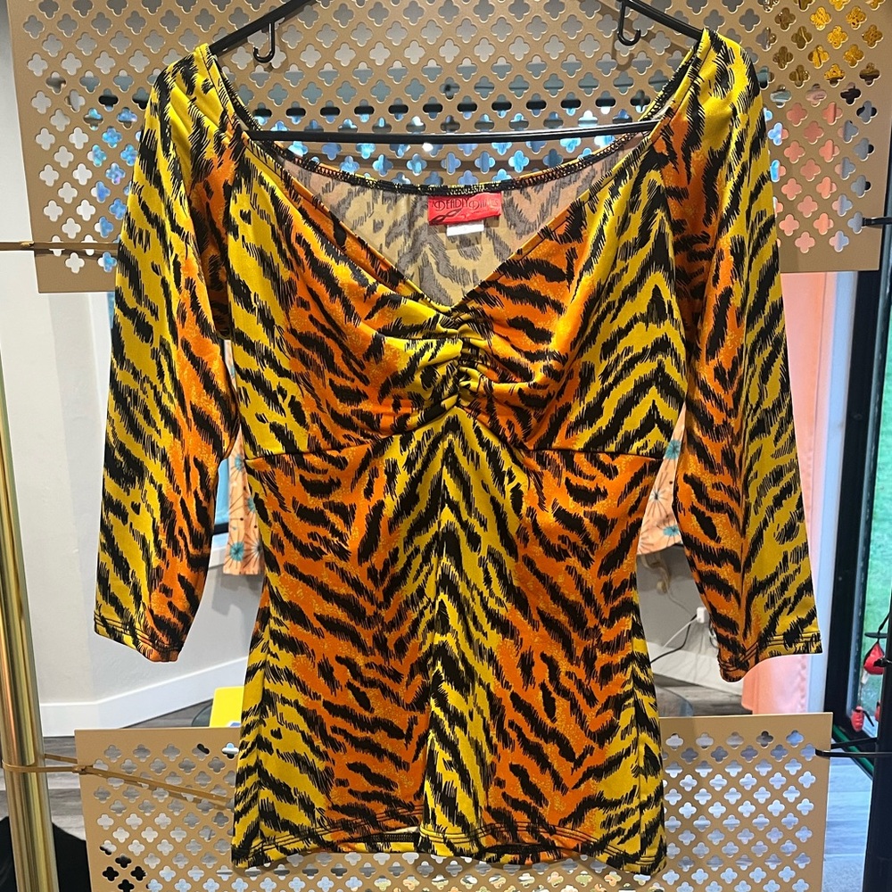 Bold Tiger-Print Yellow & Orange Women's V-Neck Top